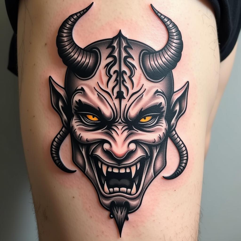 Hinh xam mat quy phong cach Tribal bo lac voi duong net manh me