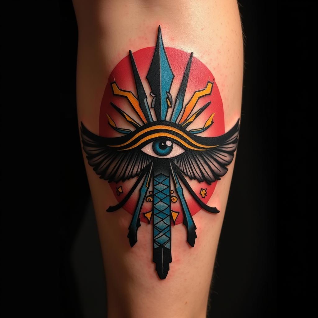 Hình xăm Mắt Thần Ra với hiệu ứng đổ bóng và ánh sáng, tạo chiều sâu và sống động