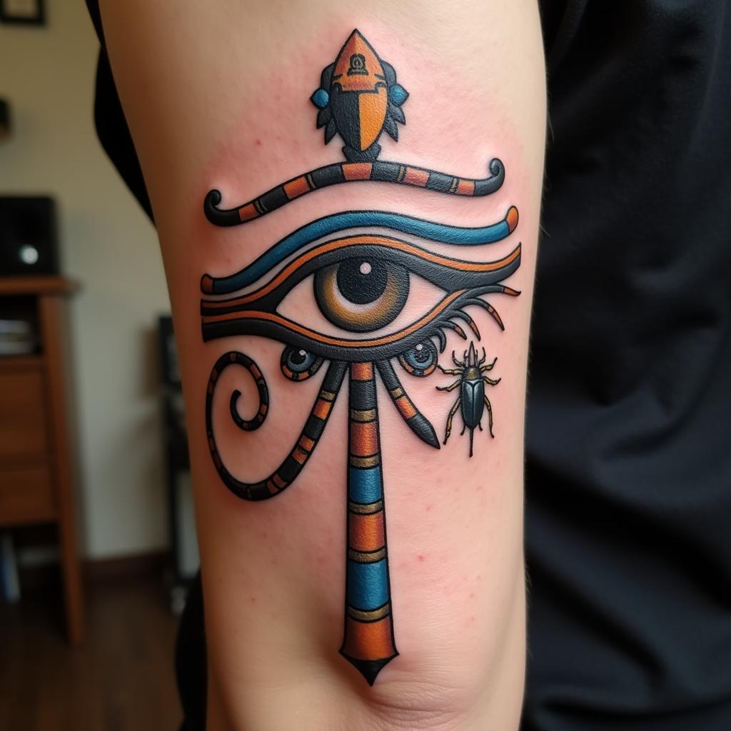 Hình xăm Mắt Thần Ra kết hợp biểu tượng Ai Cập Ankh chìa khóa cuộc sống và bọ hung Scarab