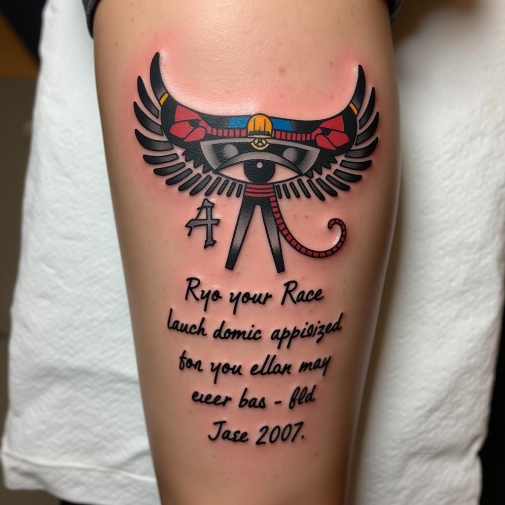 Hình xăm Mắt Thần Ra kết hợp chữ viết và câu trích dẫn ý nghĩa cá nhân