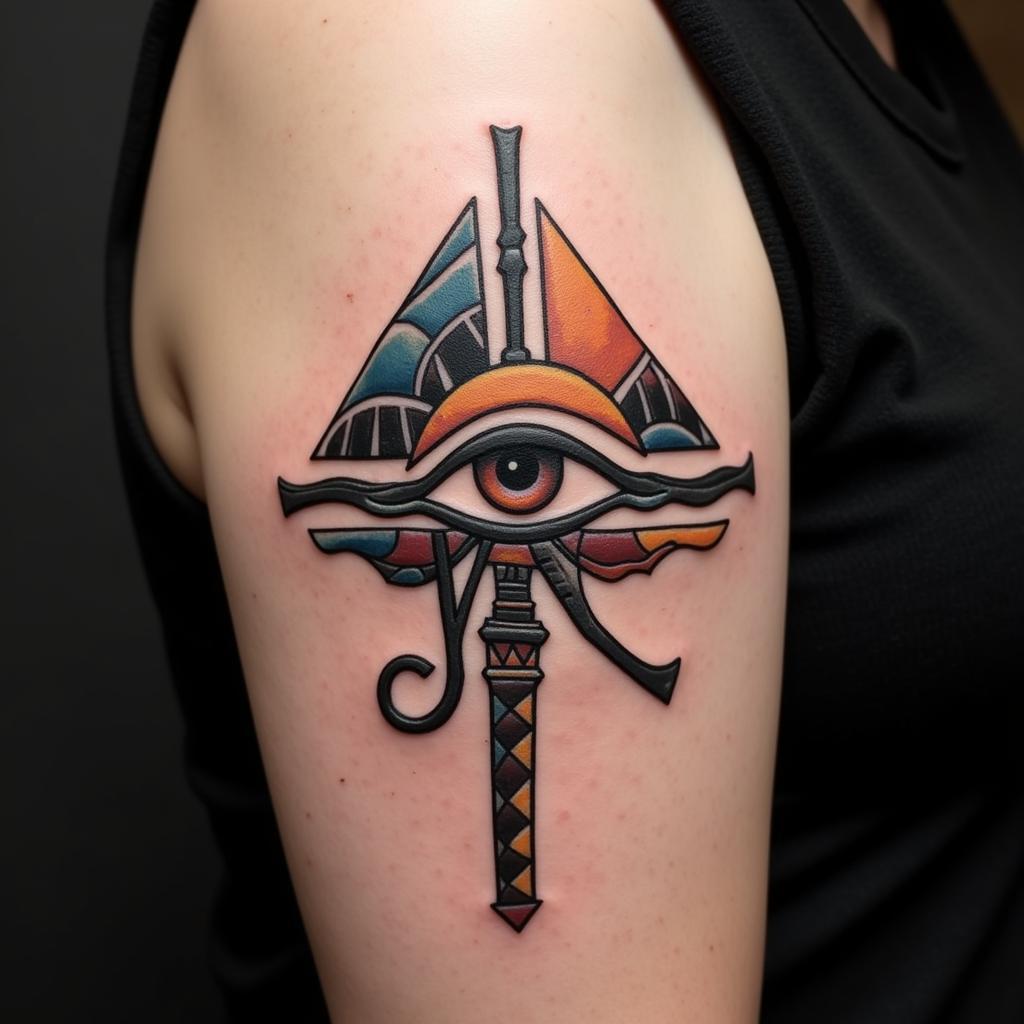Hình xăm Mắt Thần Ra phong cách hình học Geometric, sử dụng hình khối độc đáo và nghệ thuật