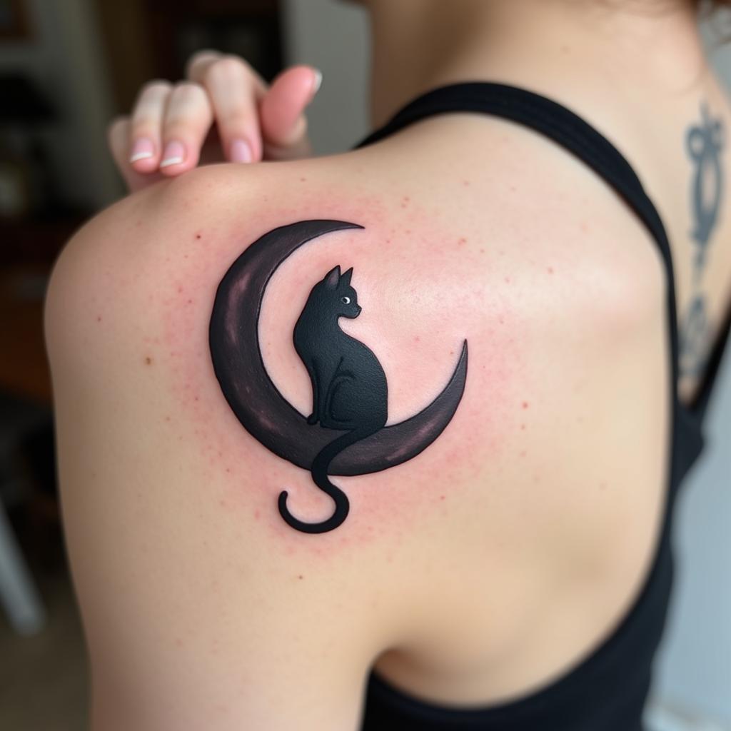 Hình xăm mèo đen ngồi trên mặt trăng khuyết ở vai