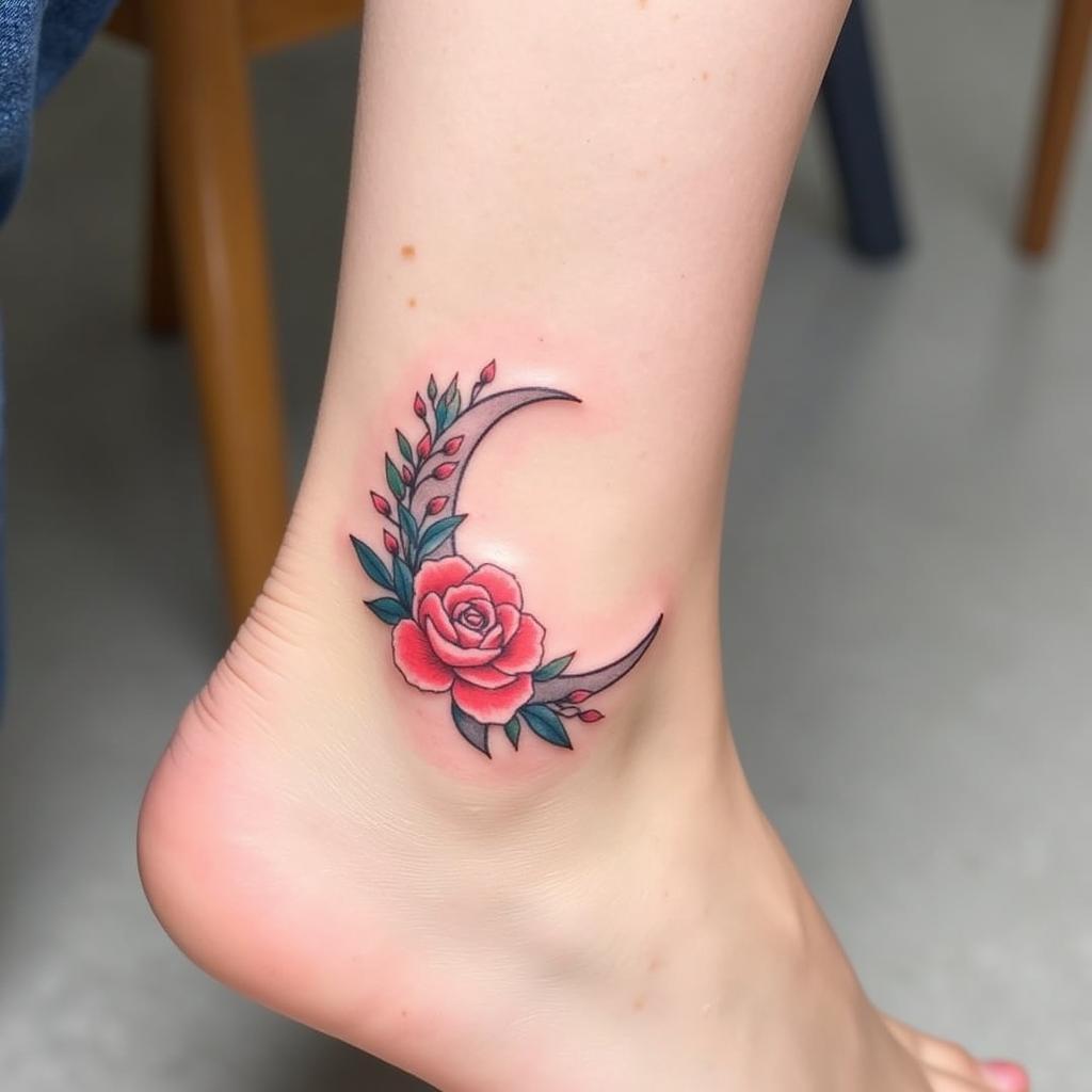 Hình xăm mặt trăng và hoa hồng đỏ biểu tượng cho tình yêu và vẻ đẹp vĩnh cửu