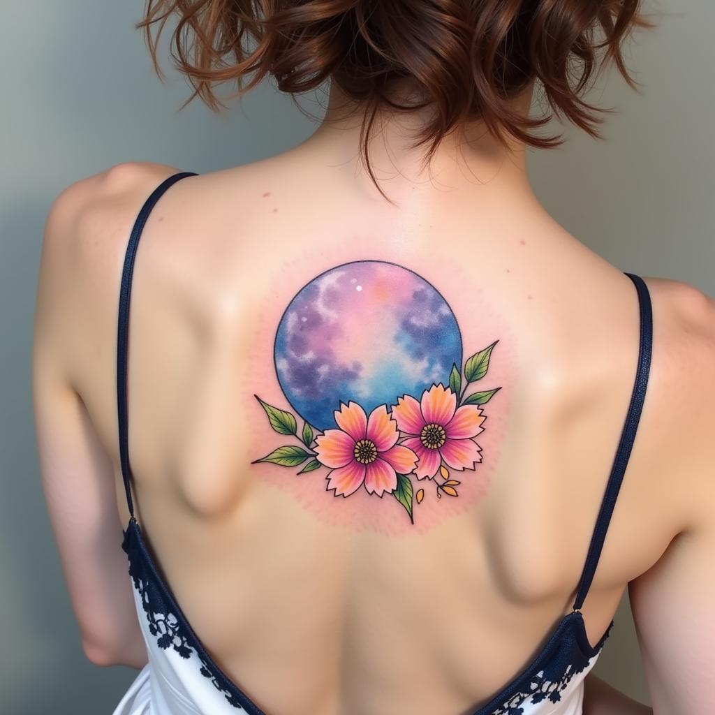 Hình xăm mặt trăng màu nước hoa trên lưng nữ