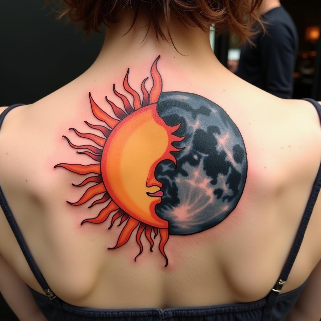 Hình xăm mặt trời kết hợp với mặt trăng biểu tượng sự cân bằng âm dương hoàn hảo
