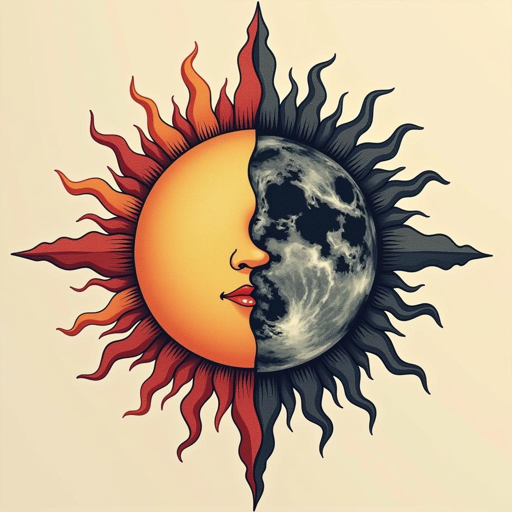 Hình xăm mặt trời mặt trăng kết hợp hòa quyện