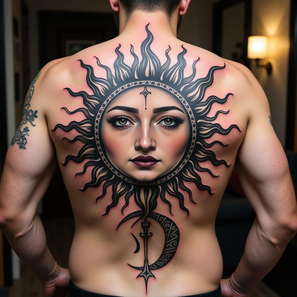 Hình xăm lớn ở lưng với họa tiết mặt trời và mặt trăng