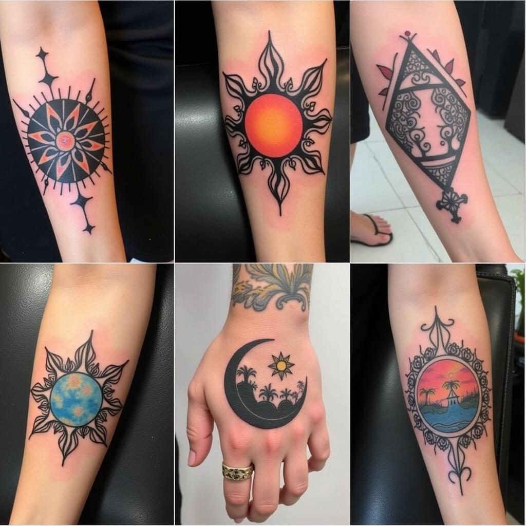 Các thiết kế hình xăm mặt trời và mặt trăng màu sắc đa dạng phong cách nghệ thuật