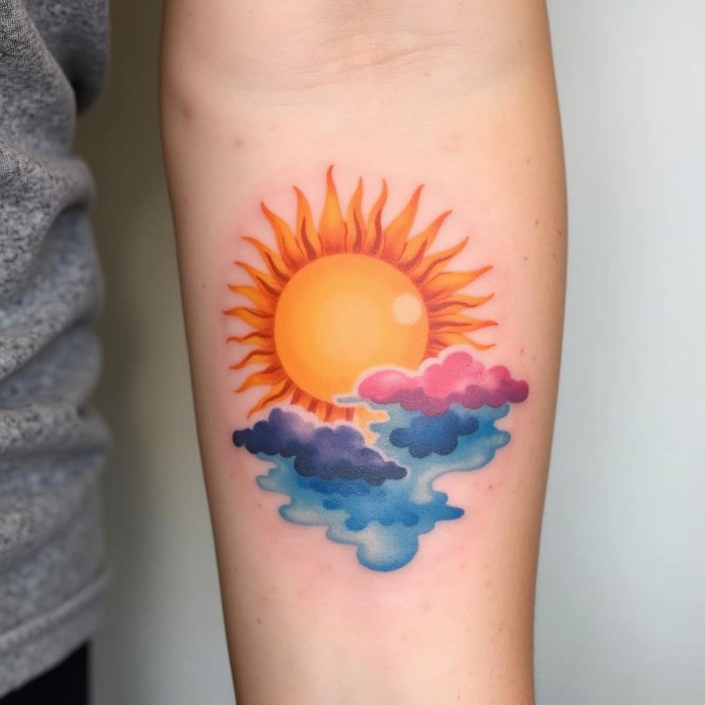 Hình xăm mặt trời mọc phong cách màu nước watercolor hiệu ứng loang màu mềm mại