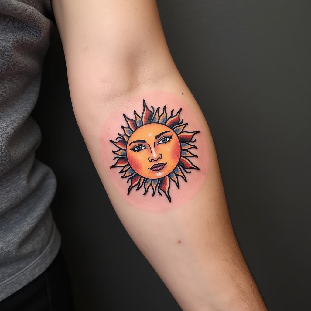 Hình xăm mặt trời mọc vị trí bắp tay mạnh mẽ cá tính cho nam và nữ