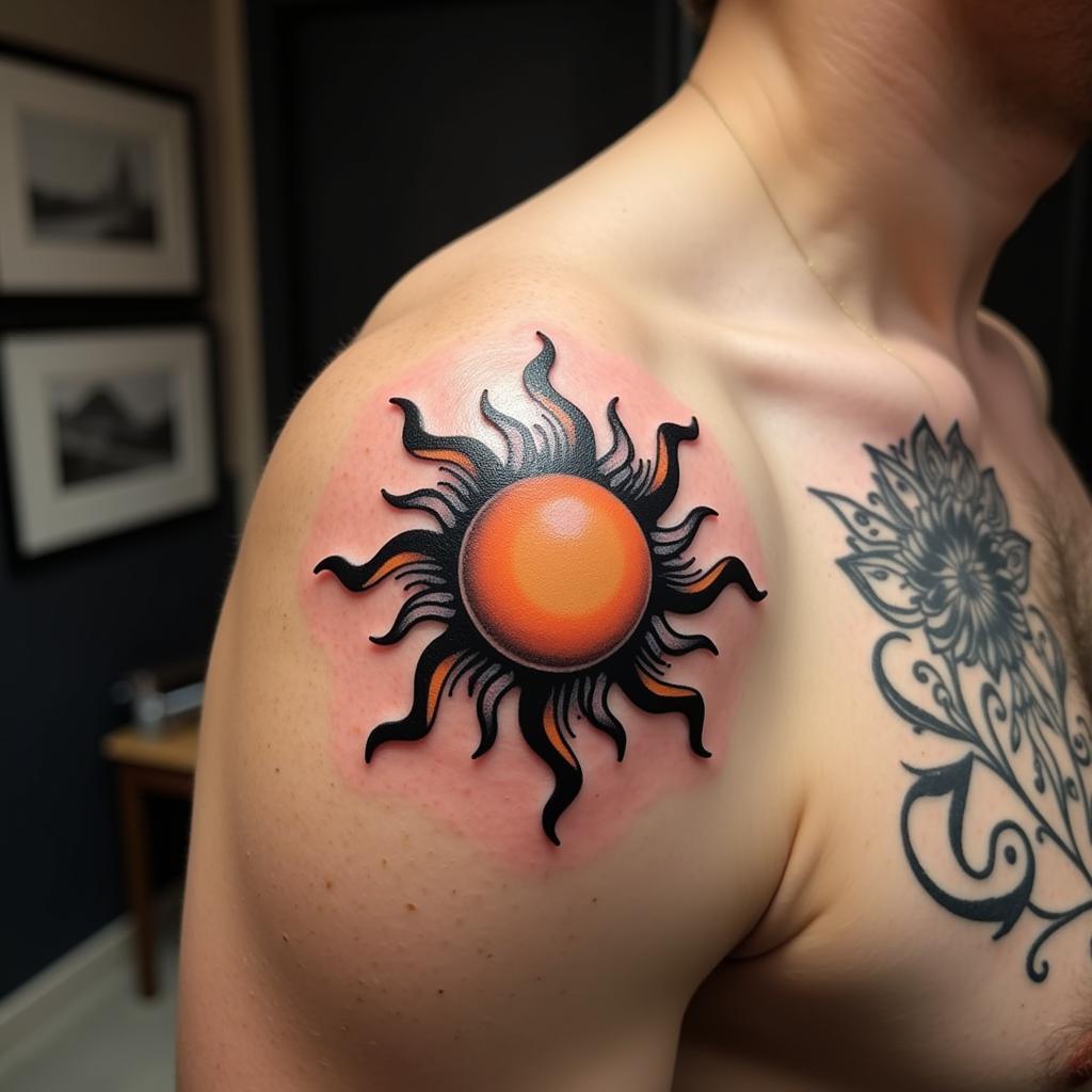 Hình xăm mặt trời mọc vị trí vai dễ thấy thể hiện trách nhiệm