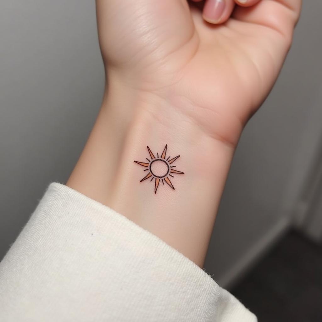 Hình xăm mặt trời nhỏ nhắn ở cổ tay mang đến vẻ đẹp tinh tế và thanh lịch