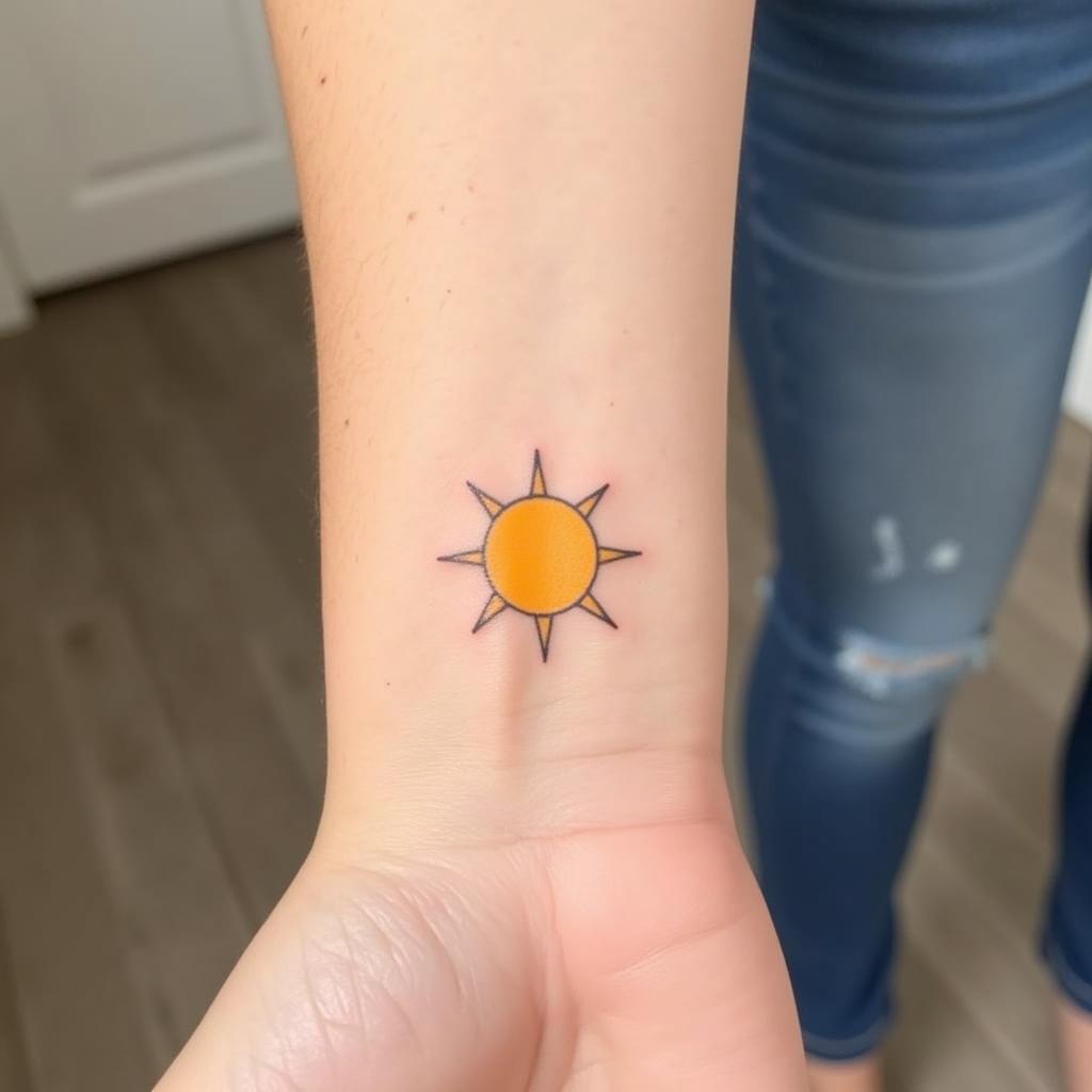 Hinh xăm mặt trời nhỏ trên cổ tay, tượng trưng cho niềm hy vọng và sự khởi đầu mới