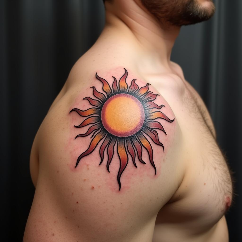 Hình xăm mặt trời ở vai thể hiện sự nam tính mạnh mẽ và kiên định