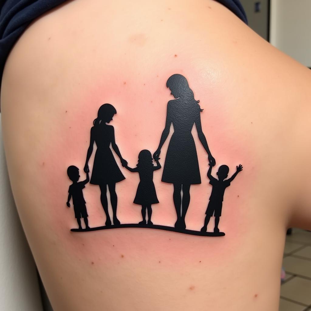 Hình xăm mẹ và bốn con silhouette thể hiện sự gắn kết gia đình và tình yêu thương