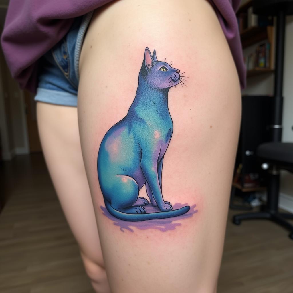 Hình xăm con mèo màu nước nghệ thuật ở đùi, thể hiện sự tự do và phóng khoáng