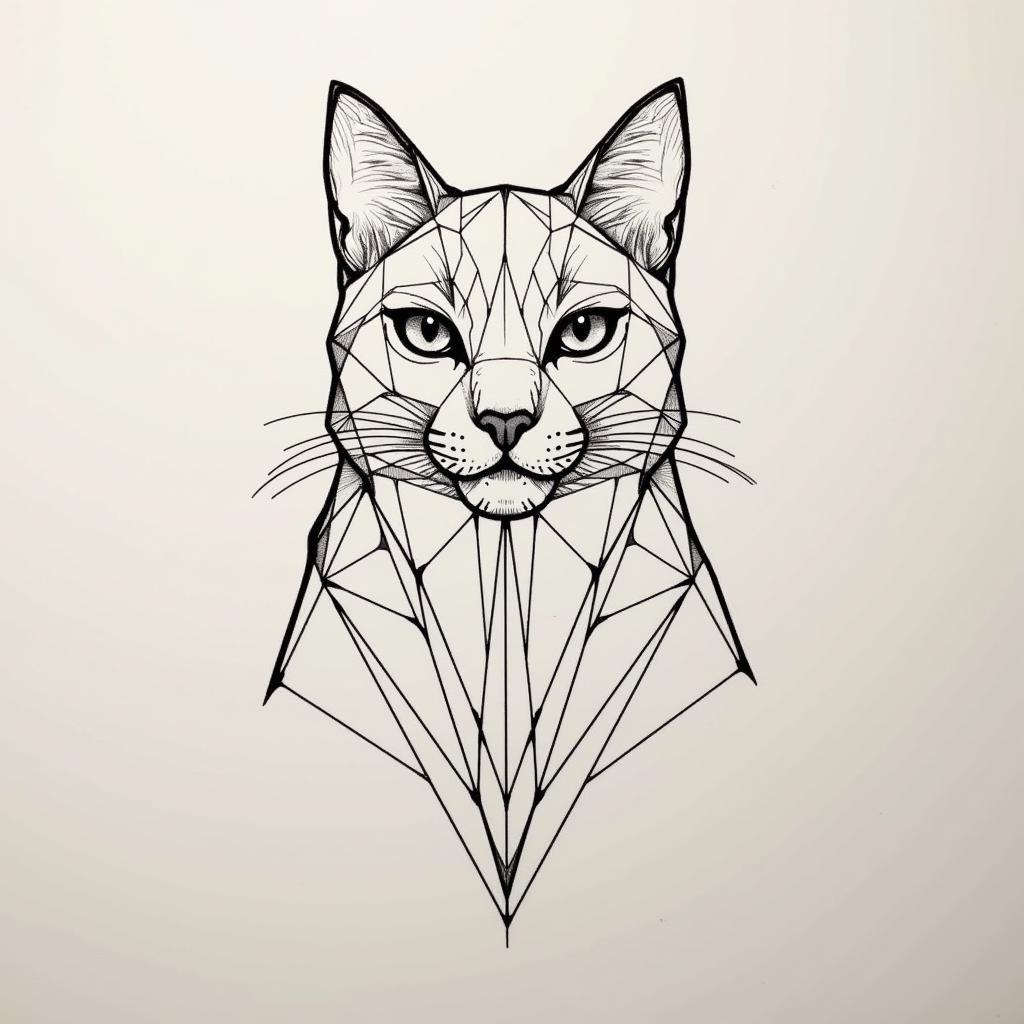 Hình xăm con mèo geometric với các đường nét hình học sắc sảo, thể hiện sự hiện đại và tinh tế