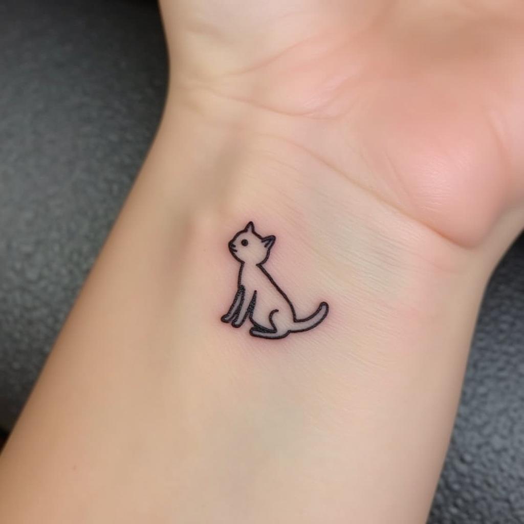 Hình xăm mèo mini ở cổ tay kín đáo và tinh tế cho nữ