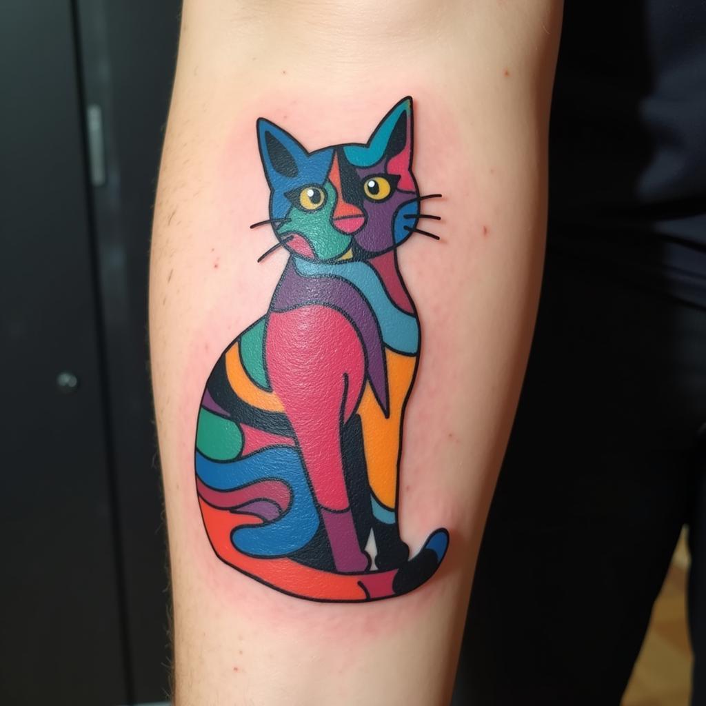 Hình xăm con mèo trừu tượng với màu sắc tươi sáng, thể hiện sự sáng tạo và cá tính