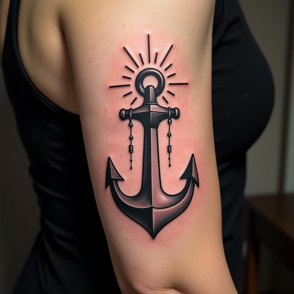 Hình xăm mỏ neo trên bắp tay thể hiện niềm tin và hy vọng vào một tương lai tốt đẹp