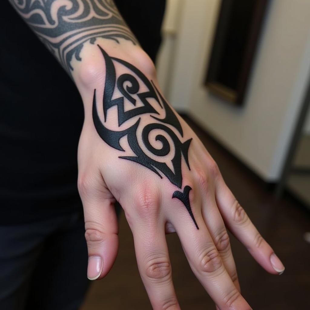 Hình xăm mu bàn tay nam với hoa văn tribal táo bạo