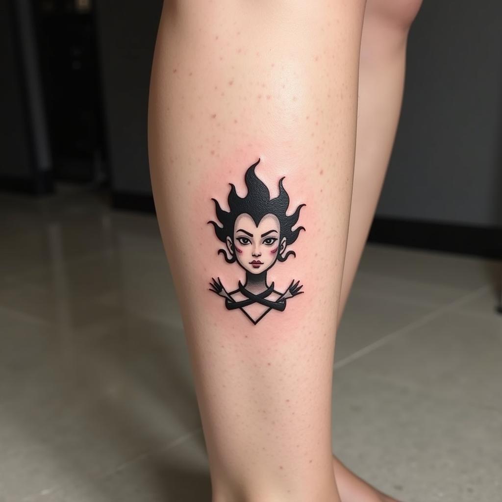 Hình xăm Ngộ Không ở bắp chân phong cách tối giản màu đen