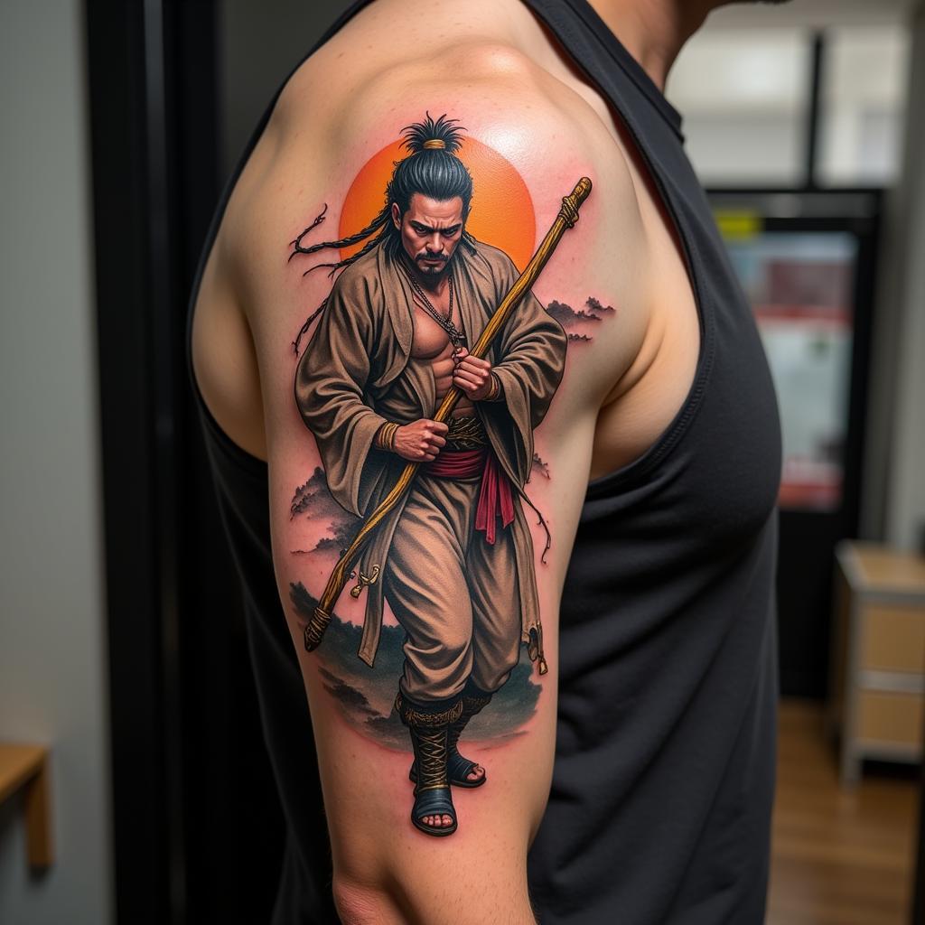 Hình xăm Ngộ Không ở bắp tay phong cách tả thực với Kim Cô Bổng