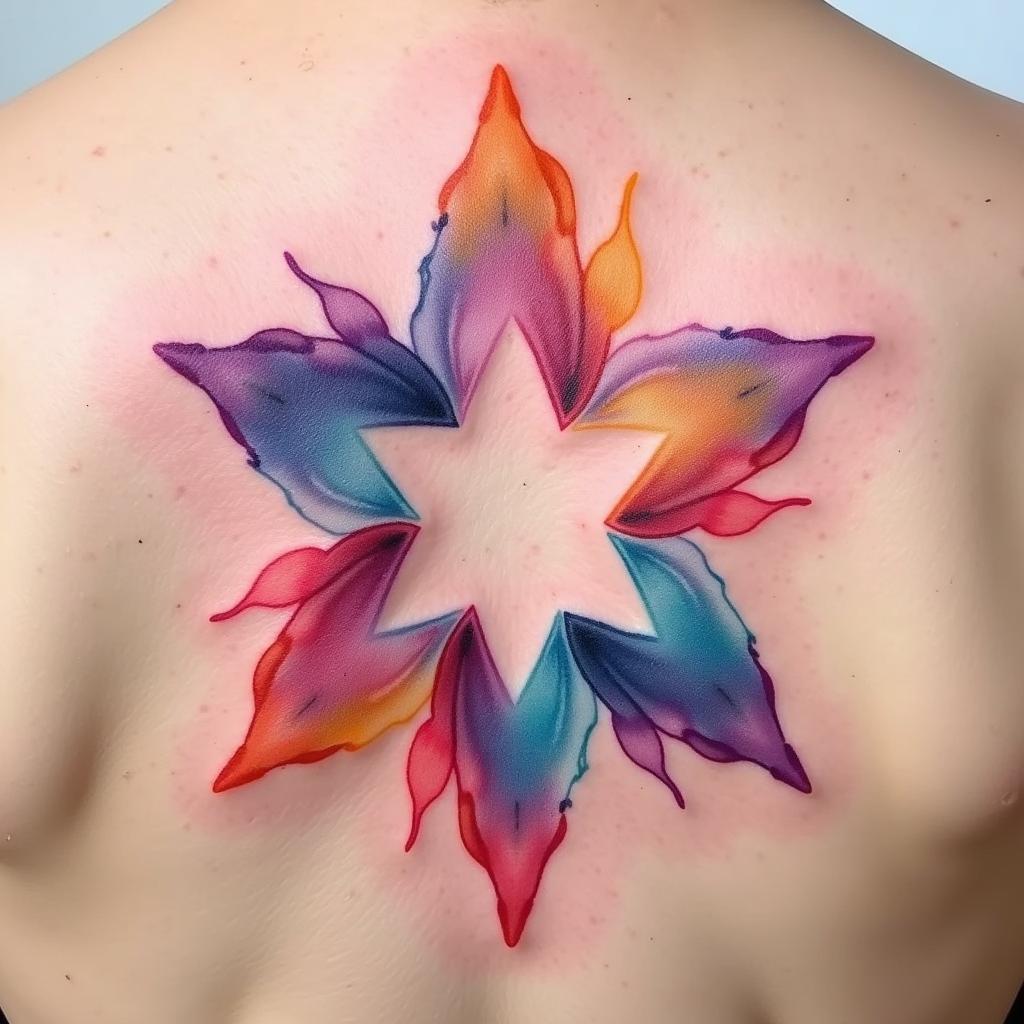 Hình xăm ngôi sao 8 cánh phong cách màu nước với hiệu ứng loang màu nghệ thuật