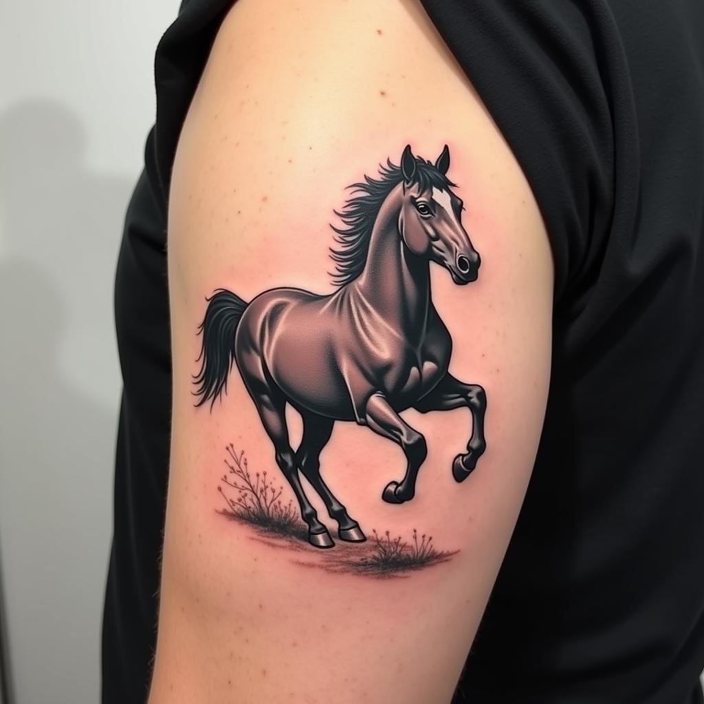 Hình xăm ngựa phi nước đại trên bắp tay thể hiện khát vọng tự do và sức mạnh