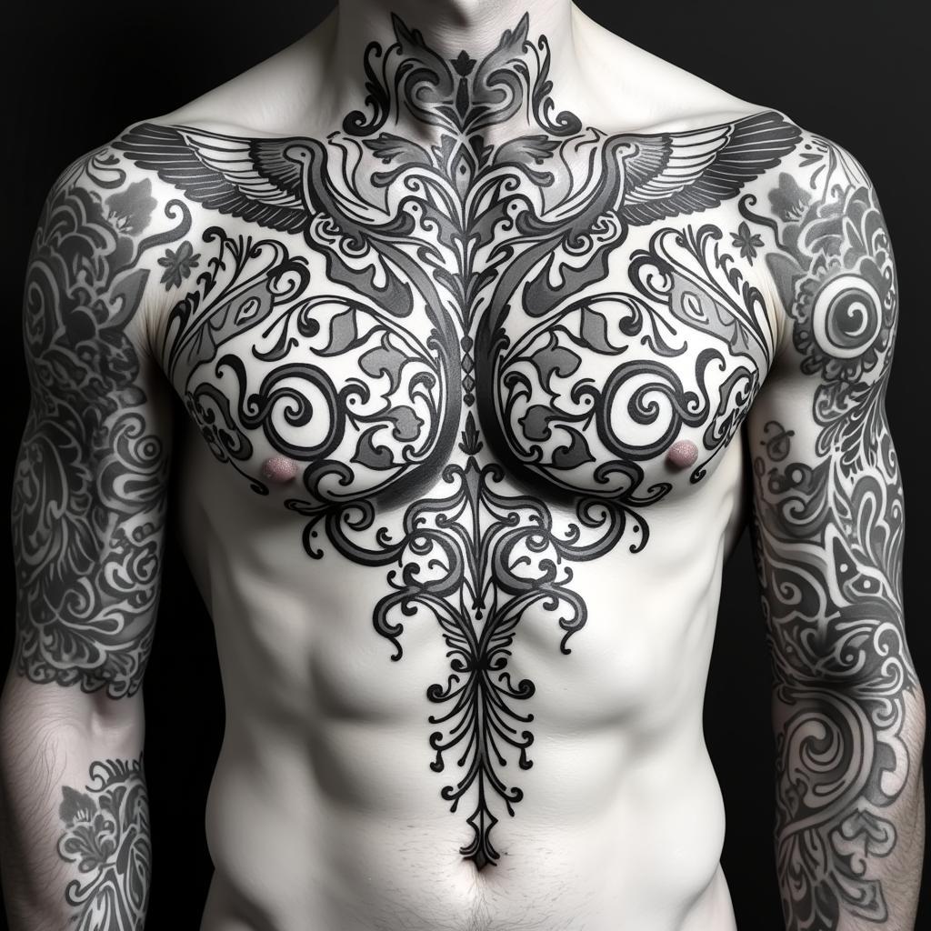 Hình xăm màu đen từ ngực xuống bắp tay với hoa tiết độc đáo cho nam giới