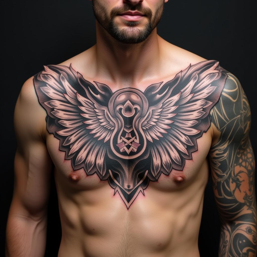 Hình xăm ngực nam 3D hình học không gian tạo hiệu ứng sống động và chân thực