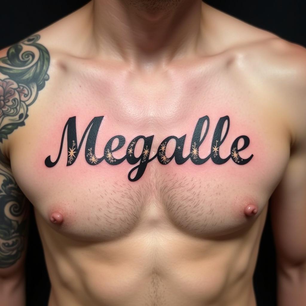 Hình xăm ngực nam chữ với font chữ cá tính và độc đáo thể hiện phong cách riêng