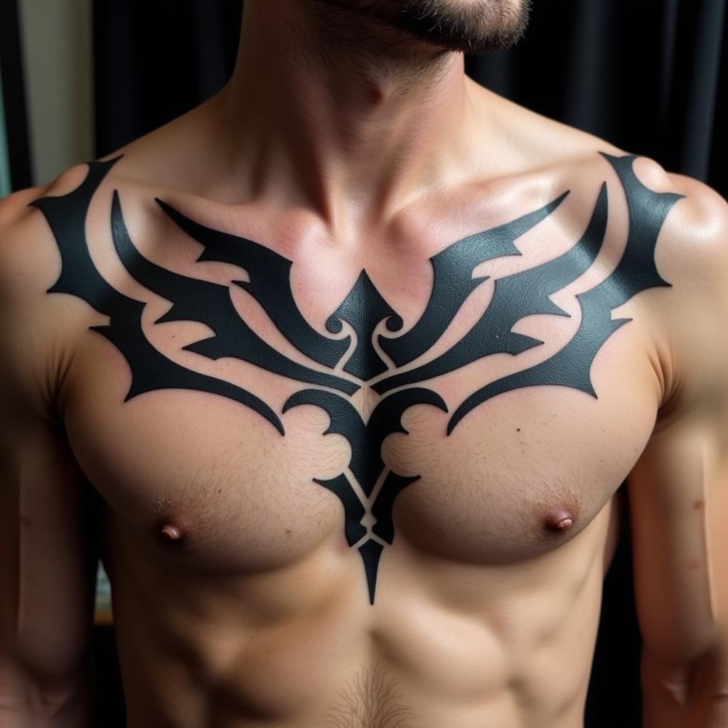 Hinh xăm ngực nam hoa văn tribal mạnh mẽ với các đường nét dứt khoát và họa tiết cổ điển