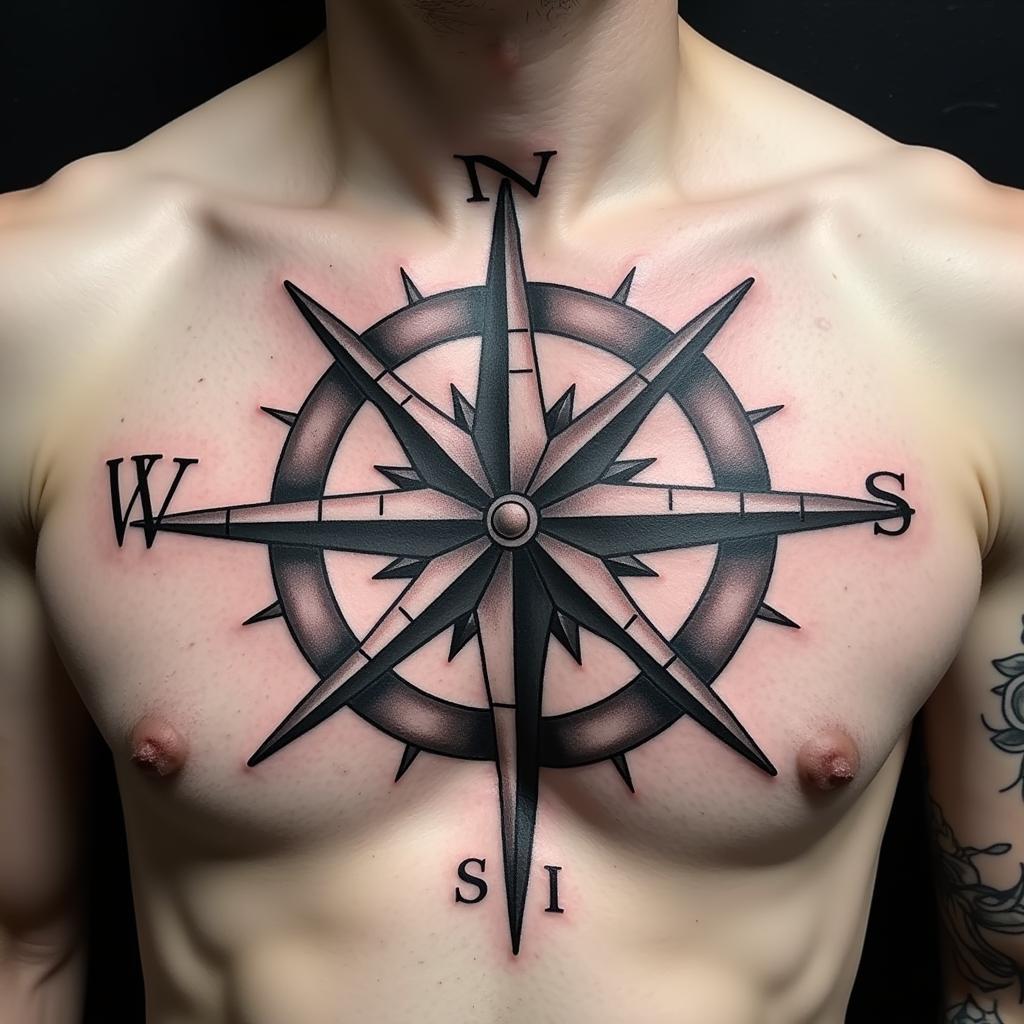 Hình xăm ngực nam la bàn phong cách cổ điển tượng trưng cho sự định hướng và khám phá
