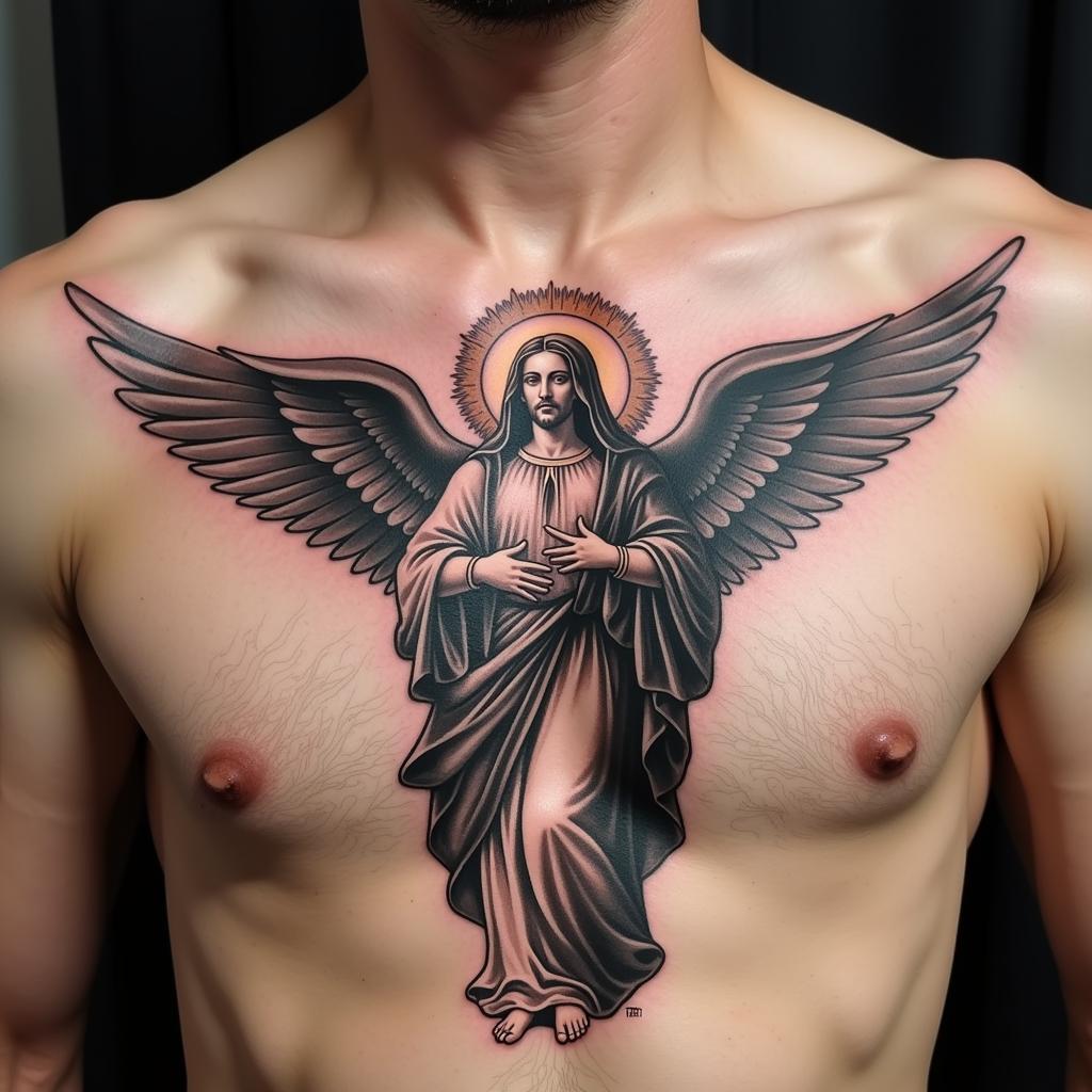 Hình xăm ngực nam thiên thần và đức mẹ maria thể hiện niềm tin và sự bảo vệ