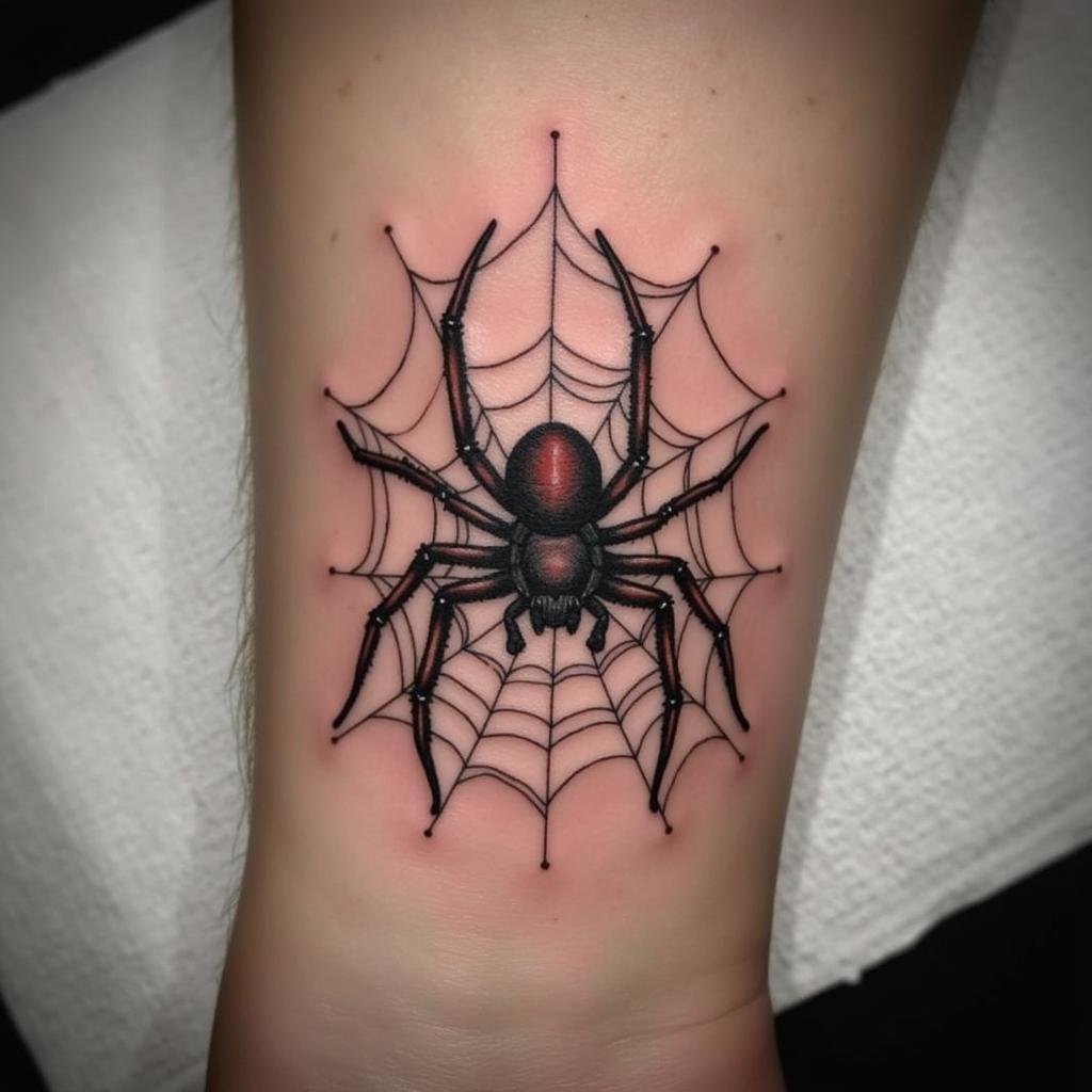 Hình xăm nhện phong cách realistic đang dệt mạng nhện tỉ mỉ và tinh xảo