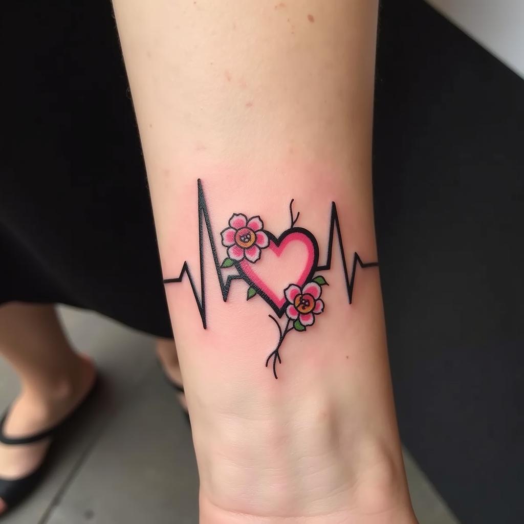 Hình xăm nhịp tim và hoa hồng, thiết kế nữ tính và lãng mạn