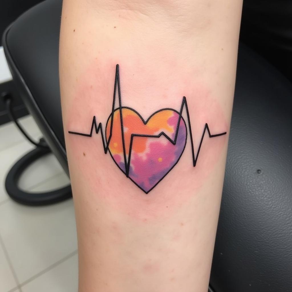 Hình xăm nhịp tim màu nước, hiệu ứng loang màu nghệ thuật độc đáo