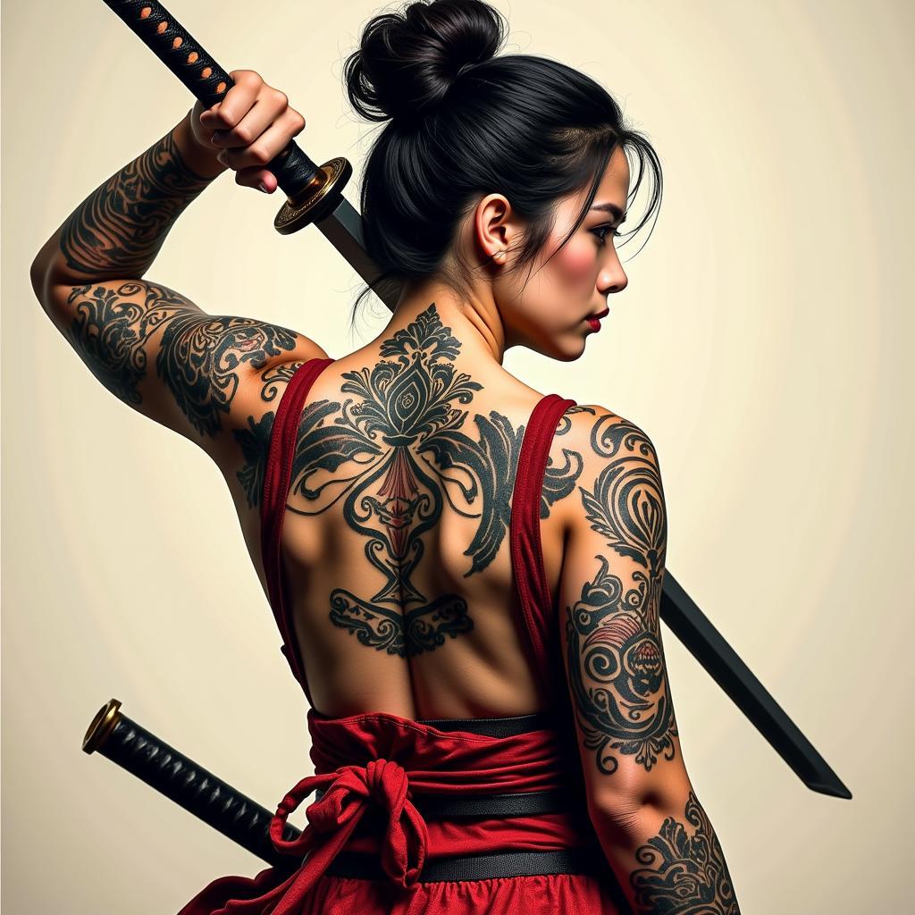 Hình xăm nữ Samurai sau lưng cầm kiếm thể hiện tinh thần mạnh mẽ và kiên cường