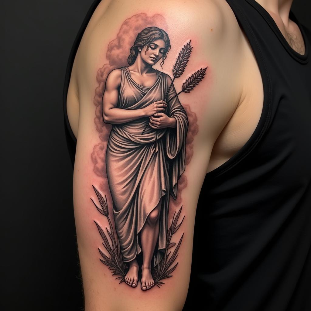 Hình xăm nữ thần Demeter cầm lúa mì mạnh mẽ và uy nghiêm trên bắp tay nam giới