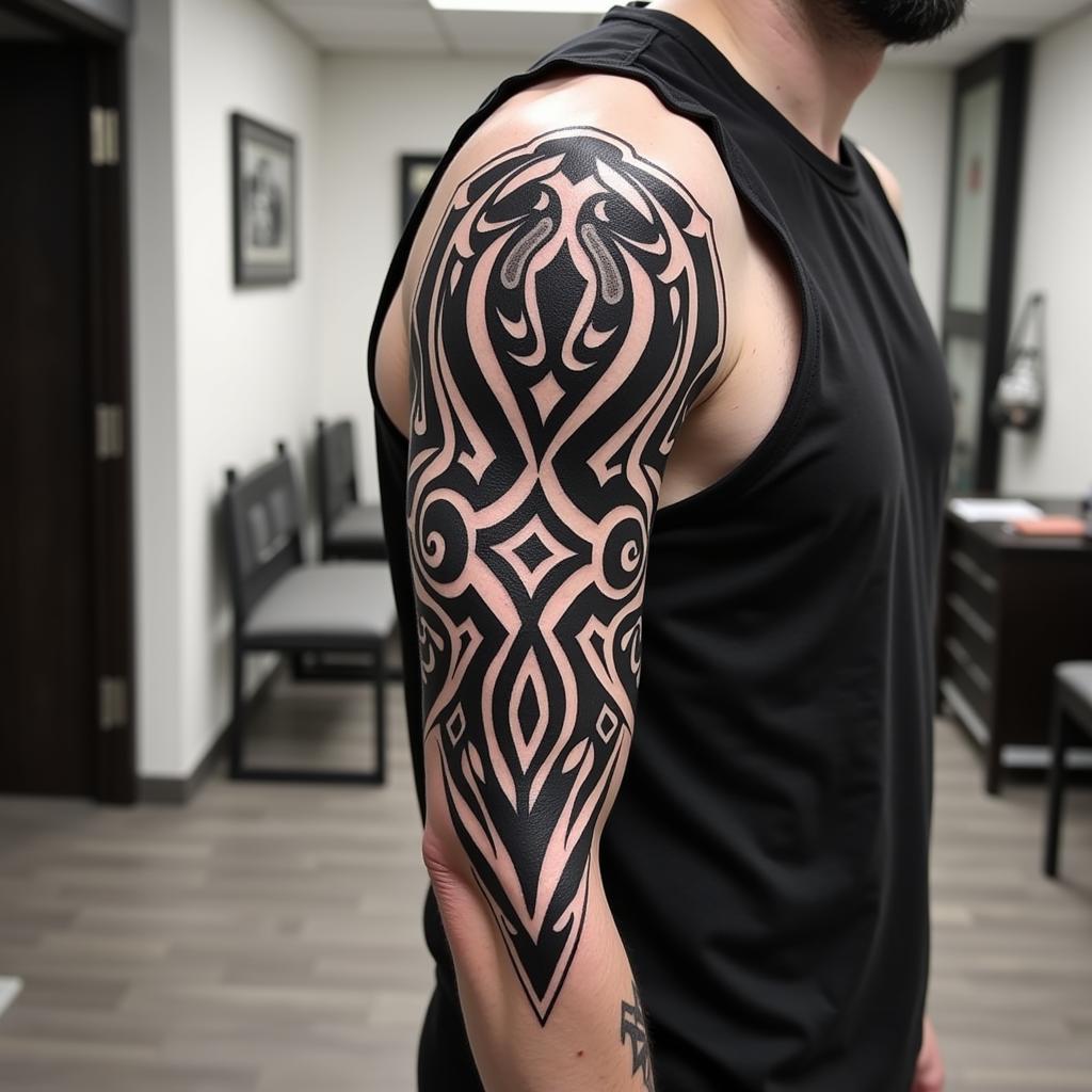 Hình xăm nửa tay nam họa tiết bộ lạc màu đen đơn giản mạnh mẽ