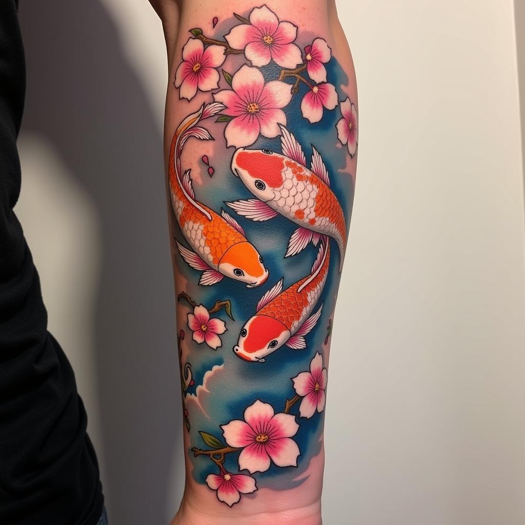 Hình xăm nửa tay nam phong cách Nhật Bản với hoa anh đào và cá chép màu sắc