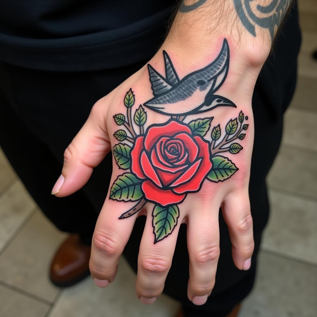 Hình xăm Old School trên tay nam với phong cách cổ điển, màu sắc tươi sáng và đường nét đậm