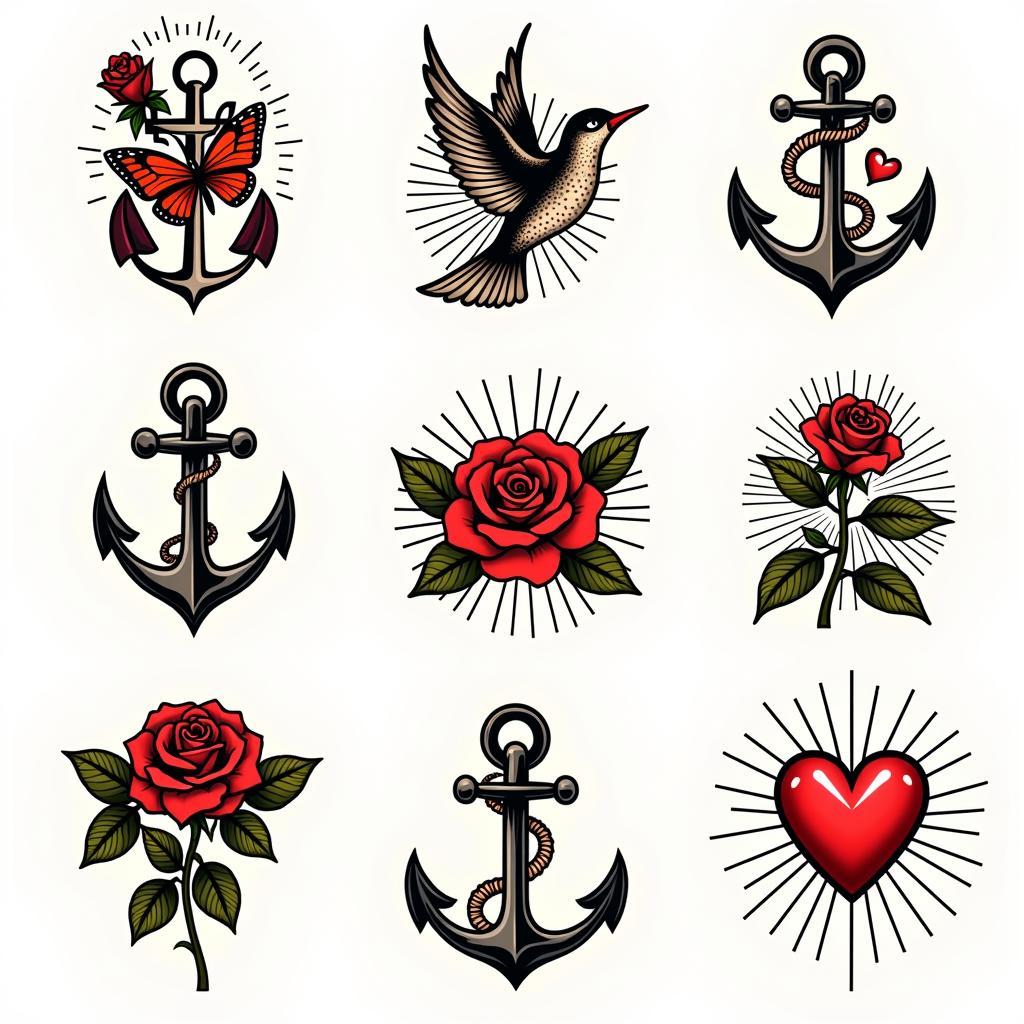 hinh-xam-old-school-truyen-thong-co-dien-67bf0b Các mẫu hình xăm Old School truyền thống cổ điển với mỏ neo chim én hoa hồng