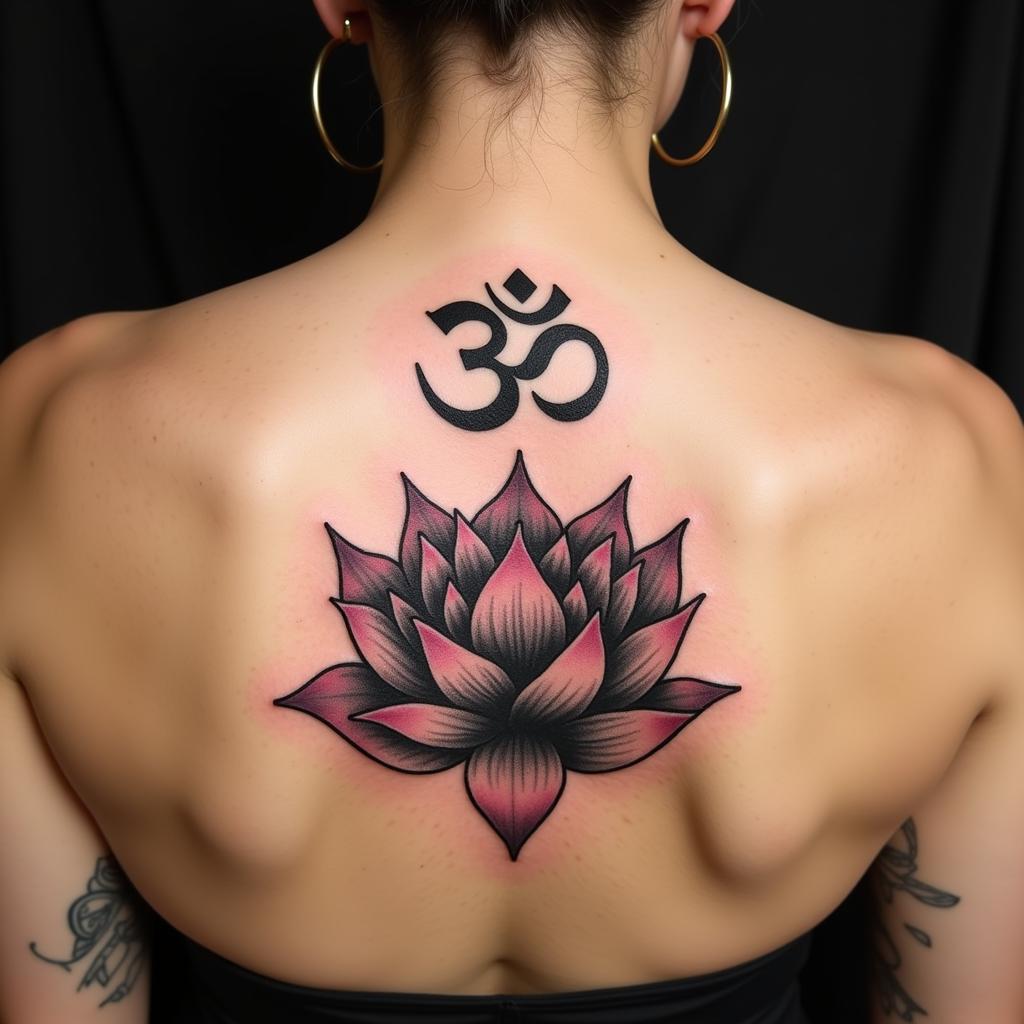 Hình xăm chữ Om Mani Padme Hum kết hợp hoa sen trên lưng, thể hiện vẻ đẹp hài hòa giữa biểu tượng và ý nghĩa tâm linh