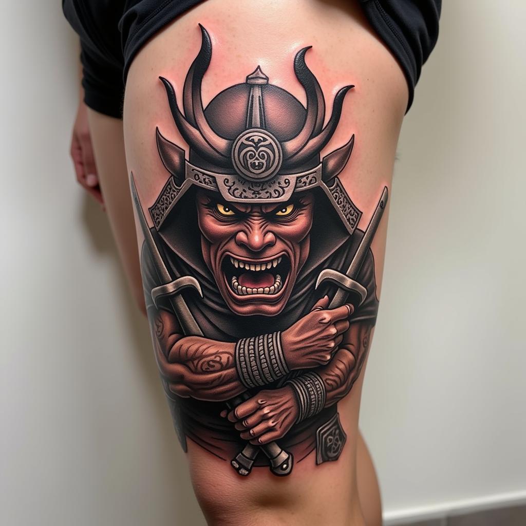 Hình xăm Oni cầm kiếm Katana, biểu tượng cho lòng dũng cảm và tinh thần chiến đấu mạnh mẽ