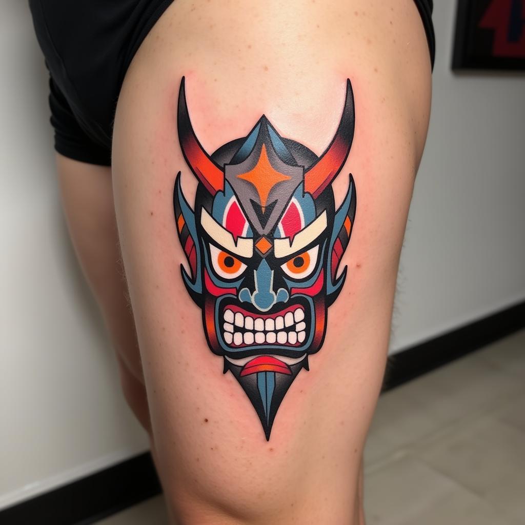 Hinh xam Oni phong cach hien dai voi duong net don gian, mau sac tuoi sang, an tuong