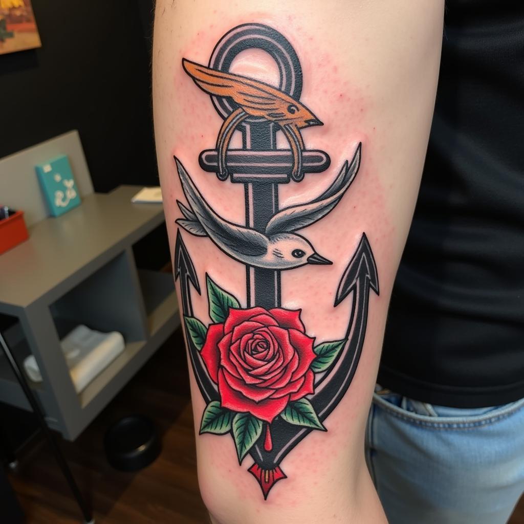 Hinh xam phong cach American Traditional voi hoa hong do, mo neo, va chim en, mau sac tuoi sang