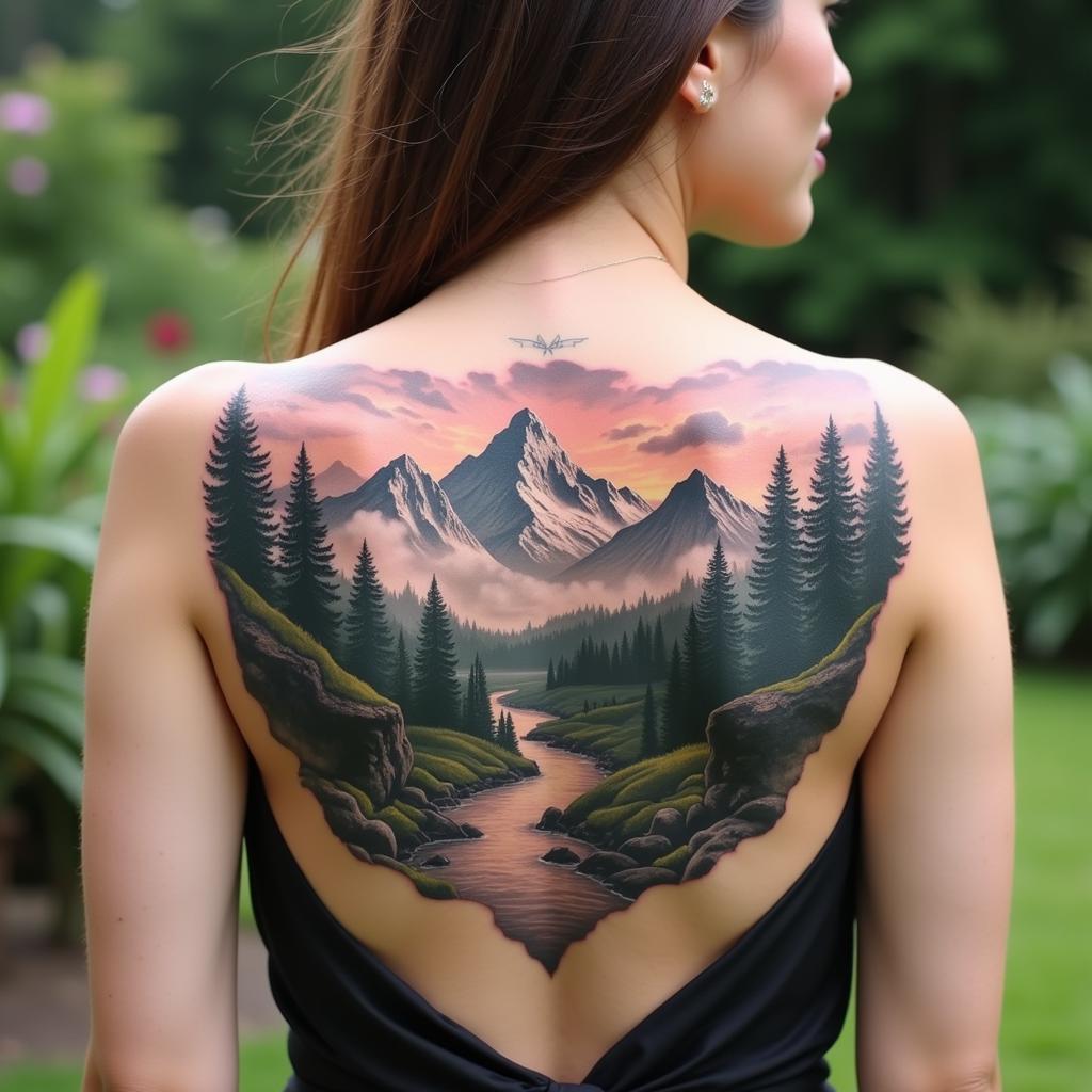 Hình xăm phong cảnh núi non hùng vĩ sau lưng
