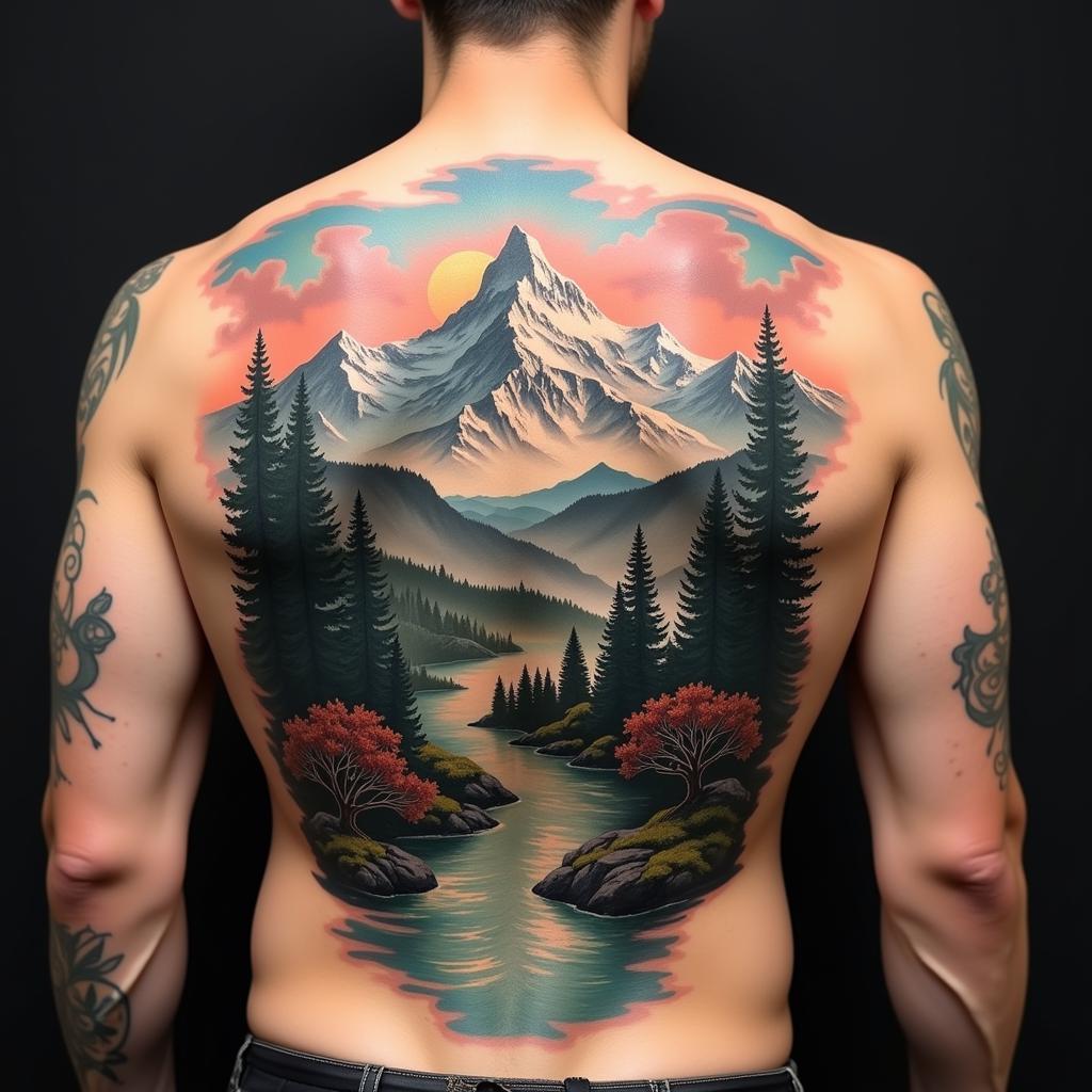 Hình xăm phong cảnh thiên nhiên dọc sống lưng nam với núi non, rừng cây, sông nước và bầu trời
